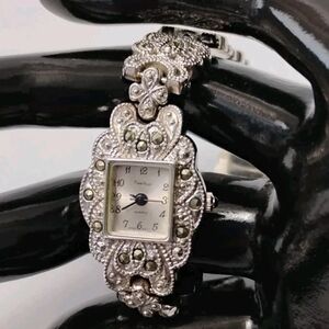 VTG Silver Tone Women's Marcasite Watch Persona Japan Movement Art Deco 5-7/8"